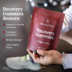 For Wellness Recovery Gummies Restore gummies close-up, juicy texture for easy recovery snacking.