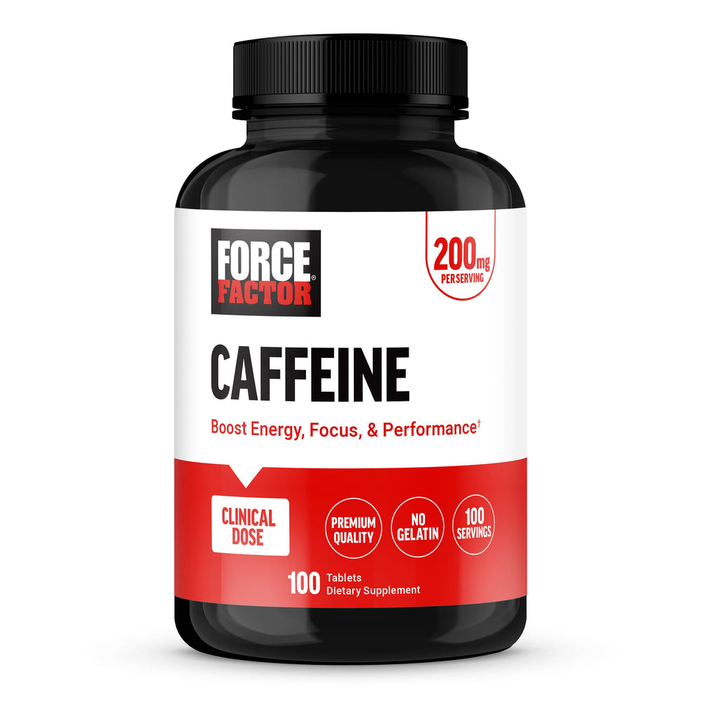 Force Factor caffeine pills bottle close-up highlighting fast energy support.