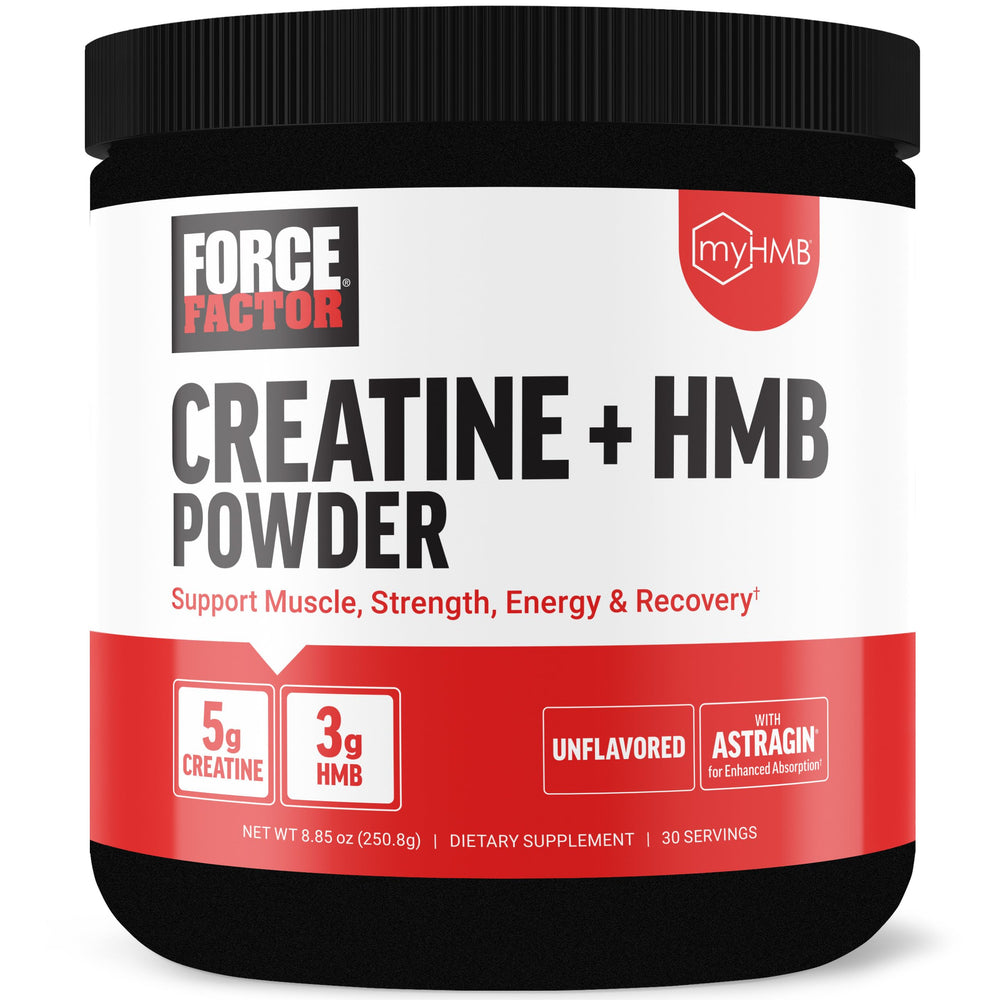 Force Factor Creatine HMB Powder bottle shows unflavored formula for lean muscle support.