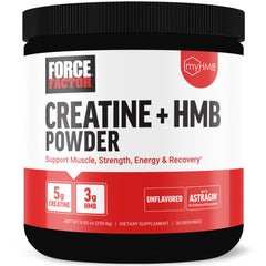 Force Factor Creatine HMB Powder bottle shows unflavored formula for lean muscle support.