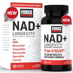 Force Factor NAD+ bottle closeup highlights longevity-focused formula for daily energy.