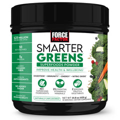 Force Factor Smarter Greens bottle and scoop for quick daily nutrition.