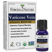 Forces of Nature Varicose Veins Treatment bottle shows organic formula for leg comfort.