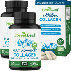 ForestLeaf multi-collagen pills bottle shown for daily skin and joint support.