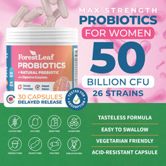 ForestLeaf Probiotics Women label highlights 26 strains for gut health.