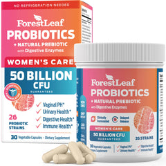ForestLeaf Probiotics Women bottle with 50 Billion CFU supports digestive balance.