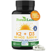 ForestLeaf vitamin d3 k2 mk7 bottle supports bone health and immune function.