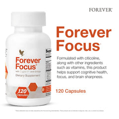 Forever Focus bottle label close-up emphasizing Cognizin and vitamins for focus.