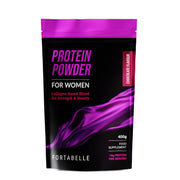 FORTABELLE Protein Powder for Women bottle view highlights collagen blend for beauty and strength.