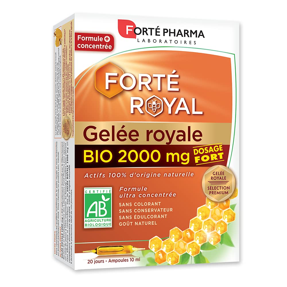 Forté Pharma Organic Royal Jelly 2000mg bottle shot shows premium ingredients for daily vitality