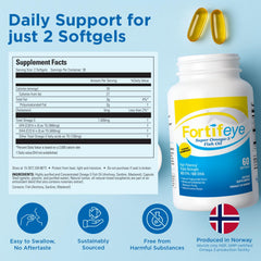 Norwegian-made Fortifeye Omega-3 bottle signaling premium quality and purity