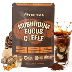 FORTISCA Mushroom Coffee cup steaming, steady energy and focus.