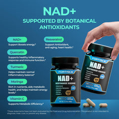 FORTISCA NAD+ ingredient panel highlights NRH, resveratrol, and antioxidants