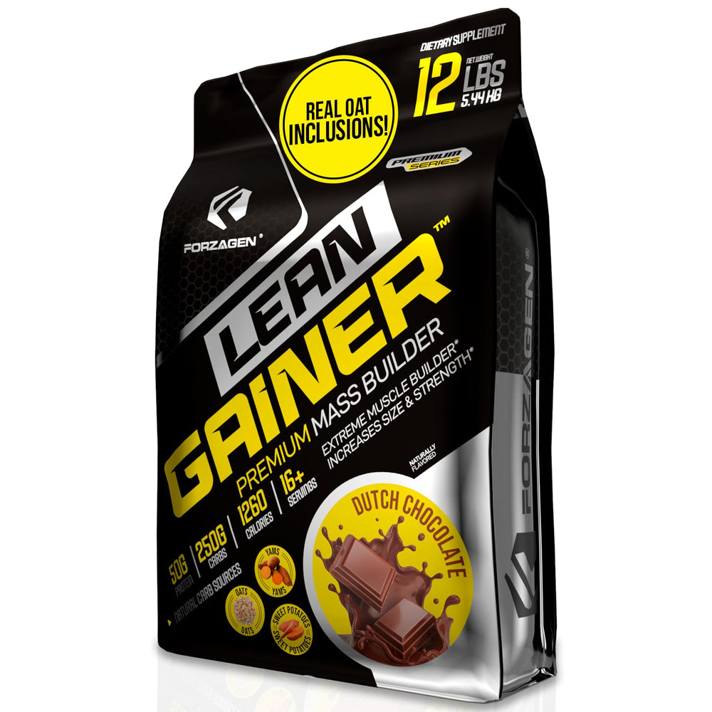 Forzagen Lean Gainer bottle highlights high calorie mass builder for athletes.