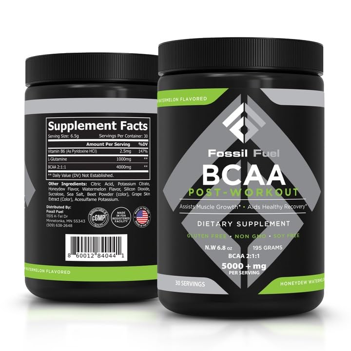 Fossil Fuel bcaa powder honeydew watermelon tub for post-workout recovery and hydration.