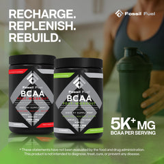 Fossil Fuel bcaa powder label closeup highlighting zero sugar and gluten-free formula.