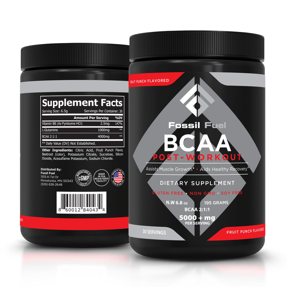 Fossil Fuel BCAA Fruit Punch powder tub for post-workout hydration and recovery