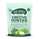 Four Sigmatic Organic Greens Powder tub front showcasing a nutrient-dense greens blend with antioxidant-rich ingredients.