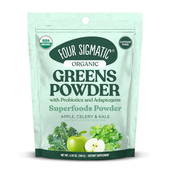 Four Sigmatic Organic Greens Powder tub front showcasing a nutrient-dense greens blend with antioxidant-rich ingredients.