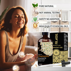FRAOIL Chamomile Essential Oil bottle with diffuser demonstrates calming aroma for relaxation.
