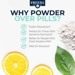 FREEDA Calcium-ascorbate focus highlights non-acidic stomach-friendly formula.