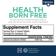 FREEDA Calcium Citrate label emphasizing clean ingredients and no additional Vitamin D.