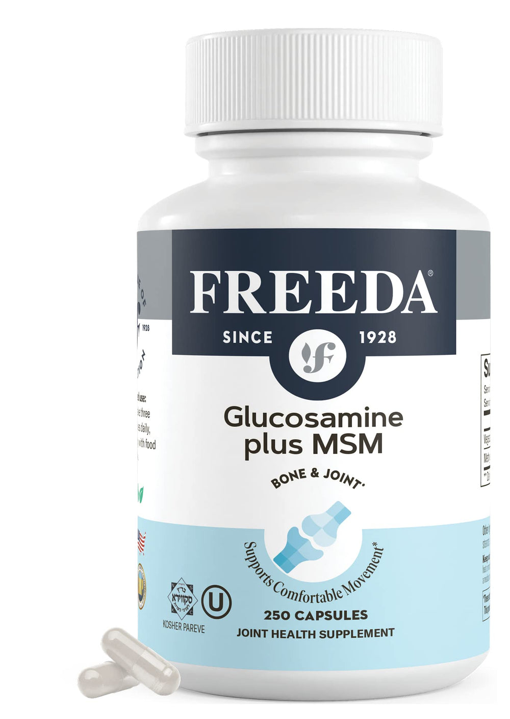 FREEDA Glucosamine MSM bottle label highlights vegan, shellfish-free joint support.
