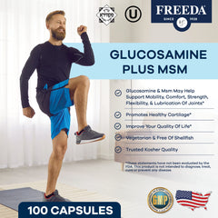 Capsules of FREEDA Glucosamine MSM showcase kosher-certified vegan formula.