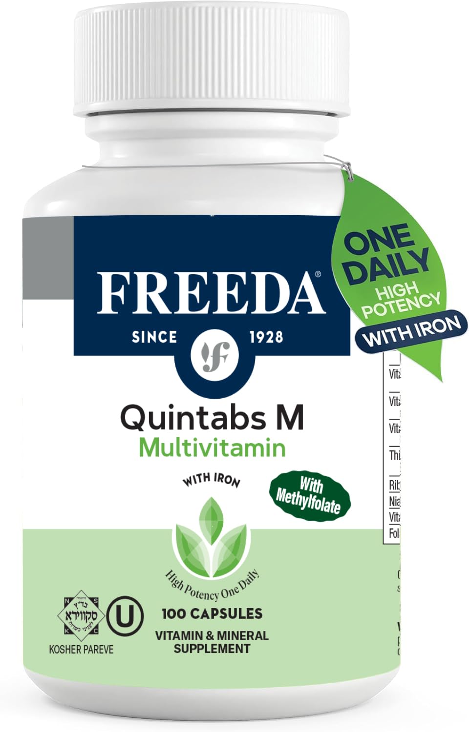 Freeda Quintabs-M with Iron bottle pour for a daily wellness routine