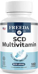 FREEDA SCD Multivitamin bottle front showing all-in-one daily nutrients for adults.