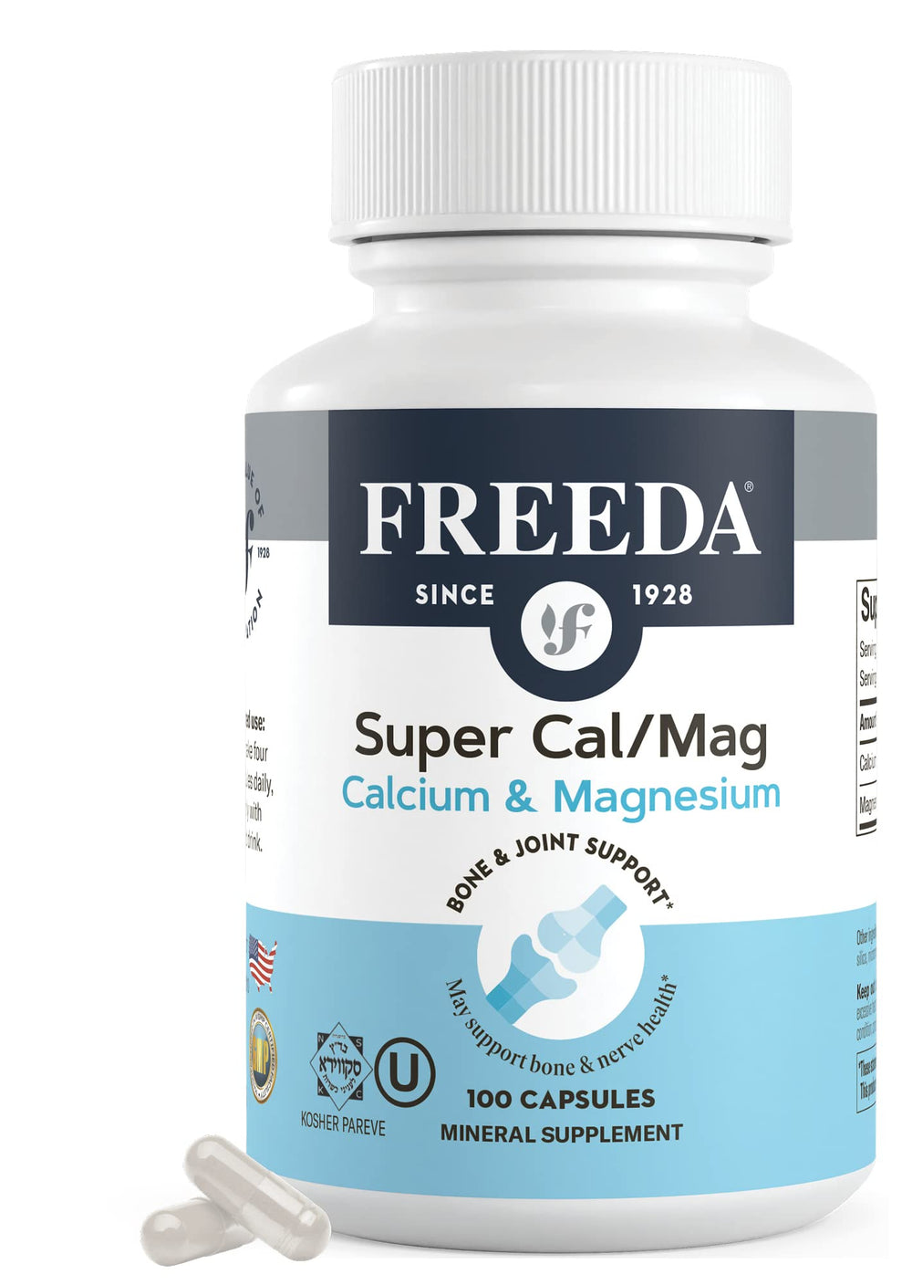 Freeda Super Cal/Mag bottle front with 2:1 calcium to magnesium balance for bone support.