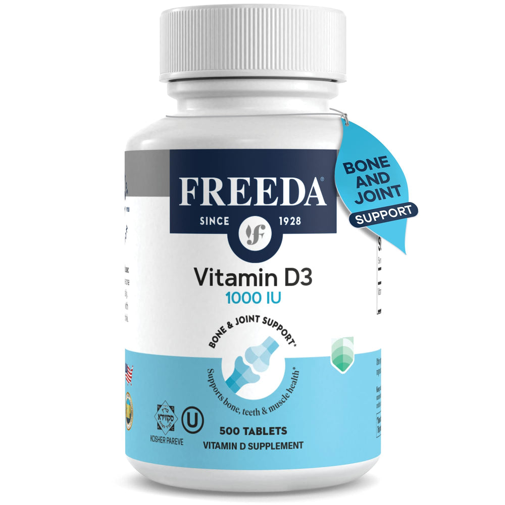 FREEDA Vitamin D3-1000 IU bottle front, indicating daily bone support.