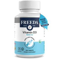 FREEDA Vitamin D3-1000 IU bottle front, indicating daily bone support.