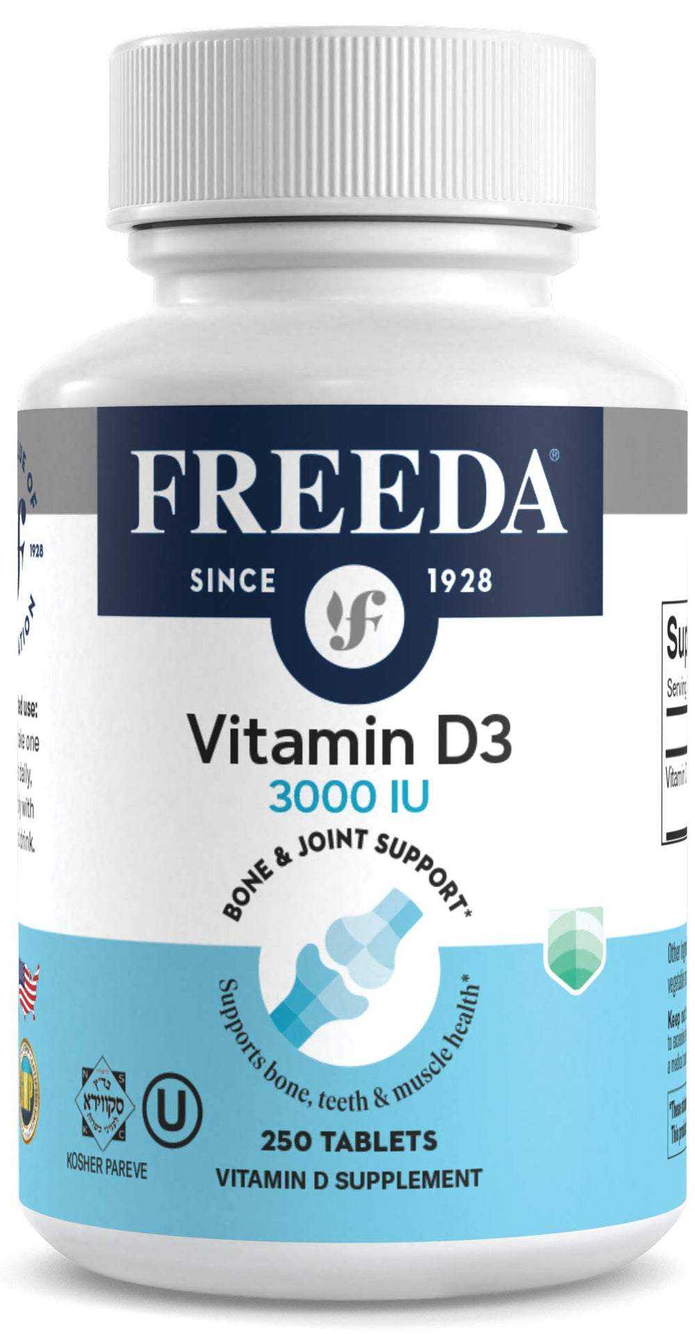 Freeda Vitamin D3 3000 IU bottle close-up showing easy-to-swallow tablets for daily wellness.