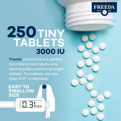 Freeda Vitamin D3 3000 IU bottle label emphasizing purity and USA production.