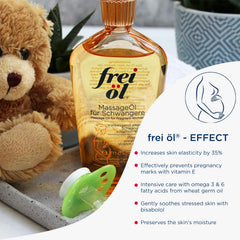 Frei öl Massage Oil bottle front view for safe pharmacy-quality pregnancy skincare.