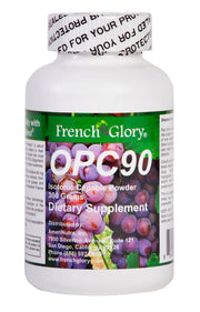 FrenchGlory OPC90 pine bark extract bottle showcases premium antioxidant blend for daily wellness.
