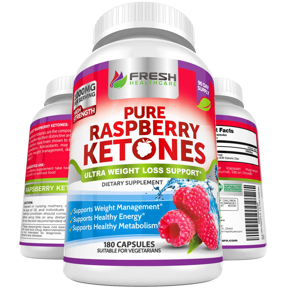 FRESH HEALTHCARE Raspberry Ketones bottle front shows capsules for metabolism support