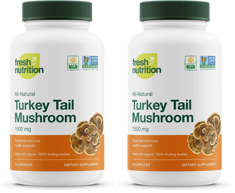 Fresh Nutrition turkey tail bottle with pour for easy daily dosing and benefits