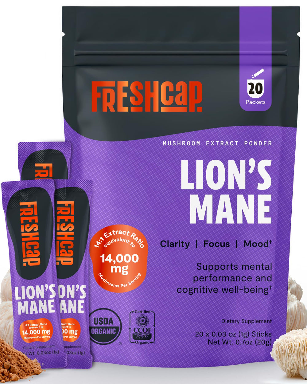 FreshCap Lions Mane powder box for convenient on-the-go brain support.