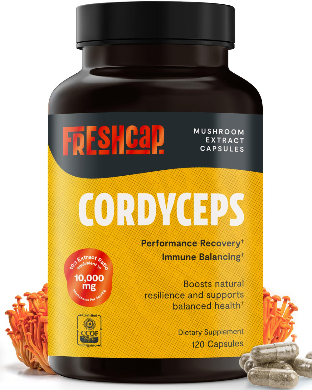 FreshCap Mushrooms Cordyceps capsules bottle close-up highlighting energy support