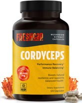FreshCap Mushrooms Cordyceps capsules bottle close-up highlighting energy support