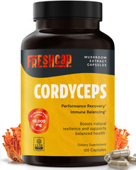 FreshCap Mushrooms Cordyceps capsules bottle close-up highlighting energy support
