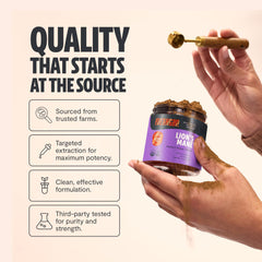 FreshCap Mushrooms Lions Mane powder packaging label highlighting organic triple-extracted formula