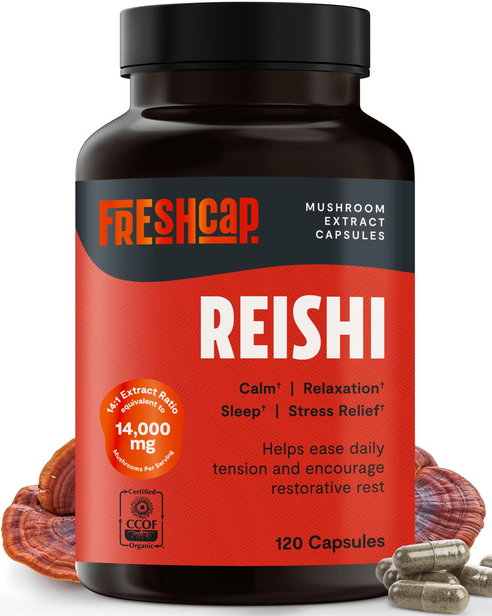 FreshCap Mushrooms Reishi bottle front showing premium labeling for daily calm support