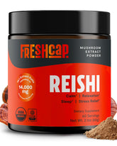 FreshCap Mushrooms Reishi powder bottle with label showing organic dual-extracted formula for daily wellness