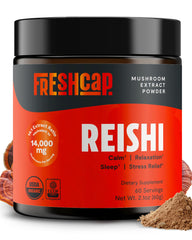 FreshCap Mushrooms Reishi powder bottle with label showing organic dual-extracted formula for daily wellness