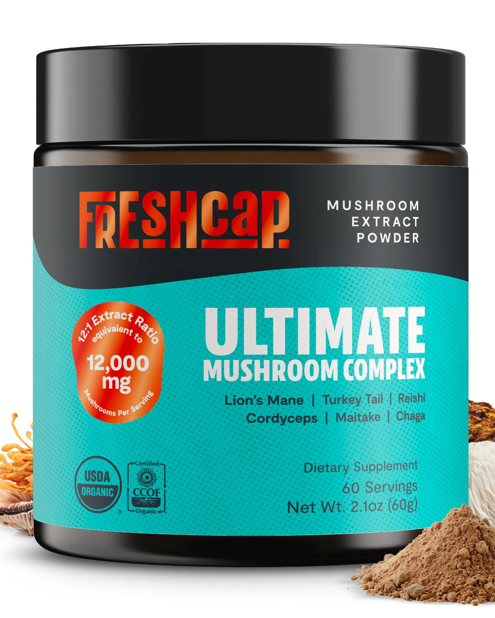 FreshCap Mushrooms Ultimate bottle on kitchen counter for daily focus support.