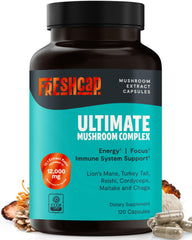 FreshCap Mushrooms Ultimate Mushroom Supplement bottle with 12k potency for daily vitality.