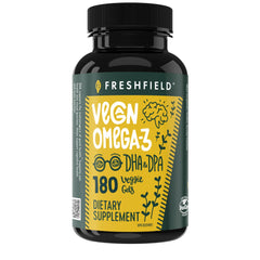 Freshfield vegan omega-3 bottle front, easy daily dosing and plant-based option